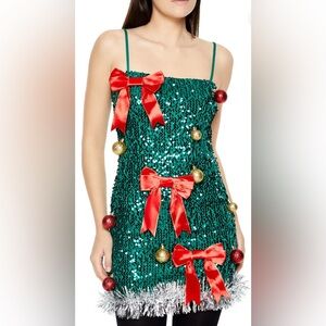 Forever 21 🎄Festive Sequin Christmas Tree Dress with Red and Gold Ornaments Bows